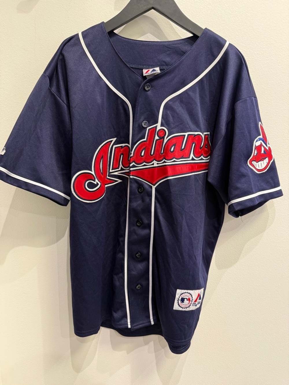 Majestic Navy and Red Indians Script Button-Up Jersey FINLEY 32